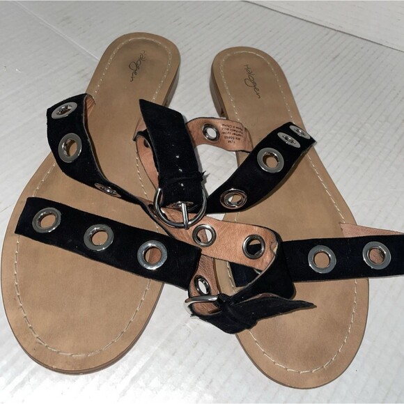 Halogen Sandals Size 12 Black Leather Ankle Strap Grommet Gladiator Flat Casual - Picture 12 of 15